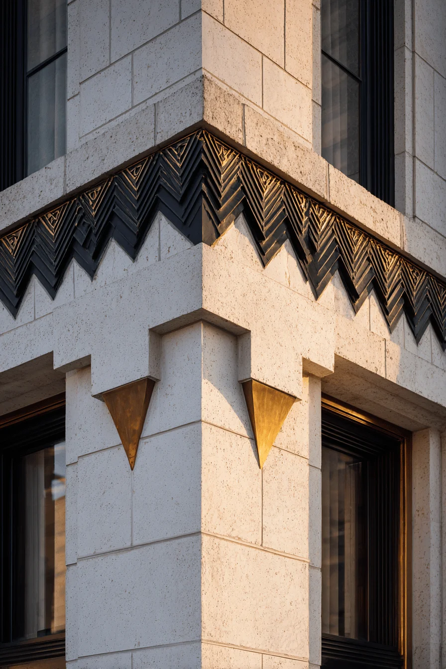 art deco homes exterior inspiration displaying chevron patterns and polished brass trim during golden hour lighting