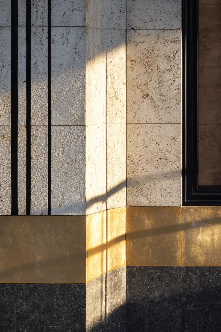 art deco mansion exterior aesthetics displaying polished brass strips and dramatic vertical line architectural elements