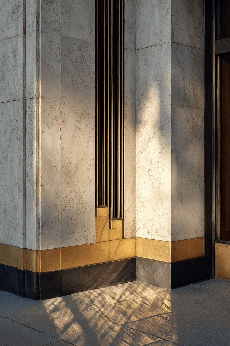 art deco mansion exterior ideas showcasing vertical lines and cream limestone facade with golden hour lighting