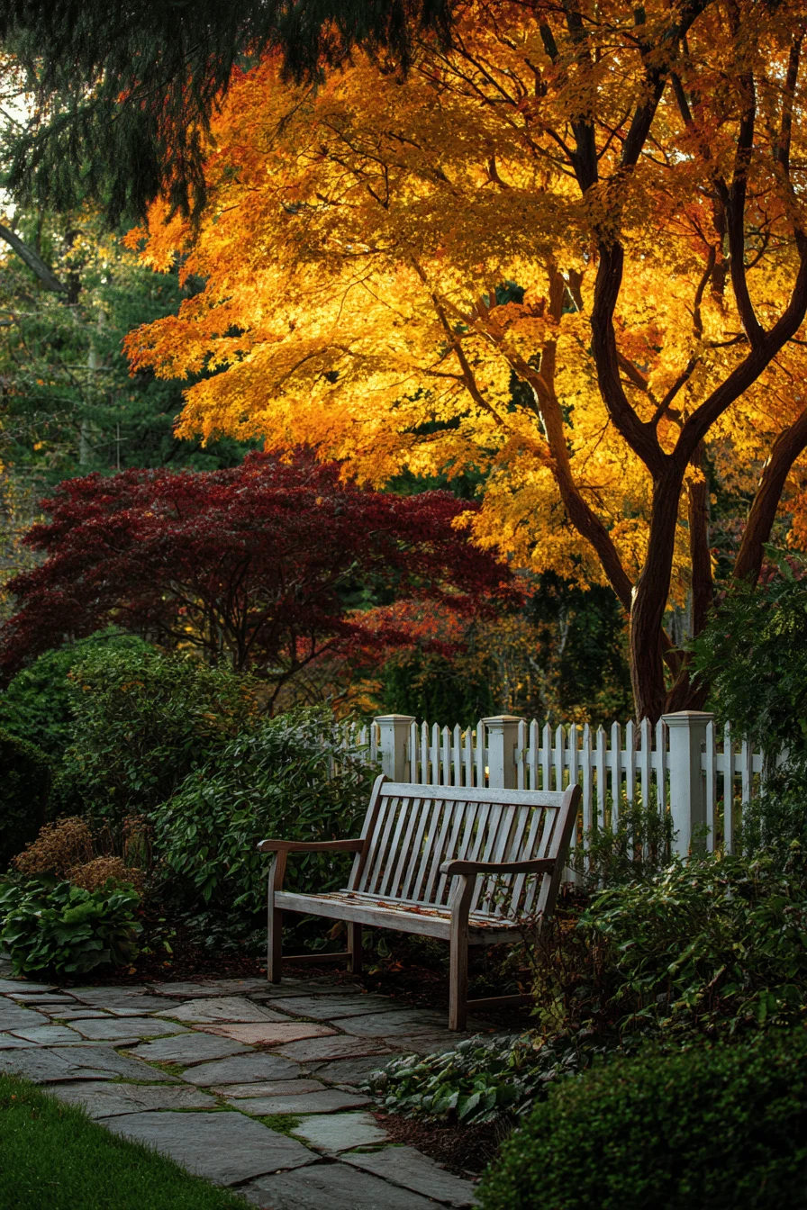 autumn garden aesthetics displaying deep burgundy leaves white contrast fence evergreen backdrop warm lighting