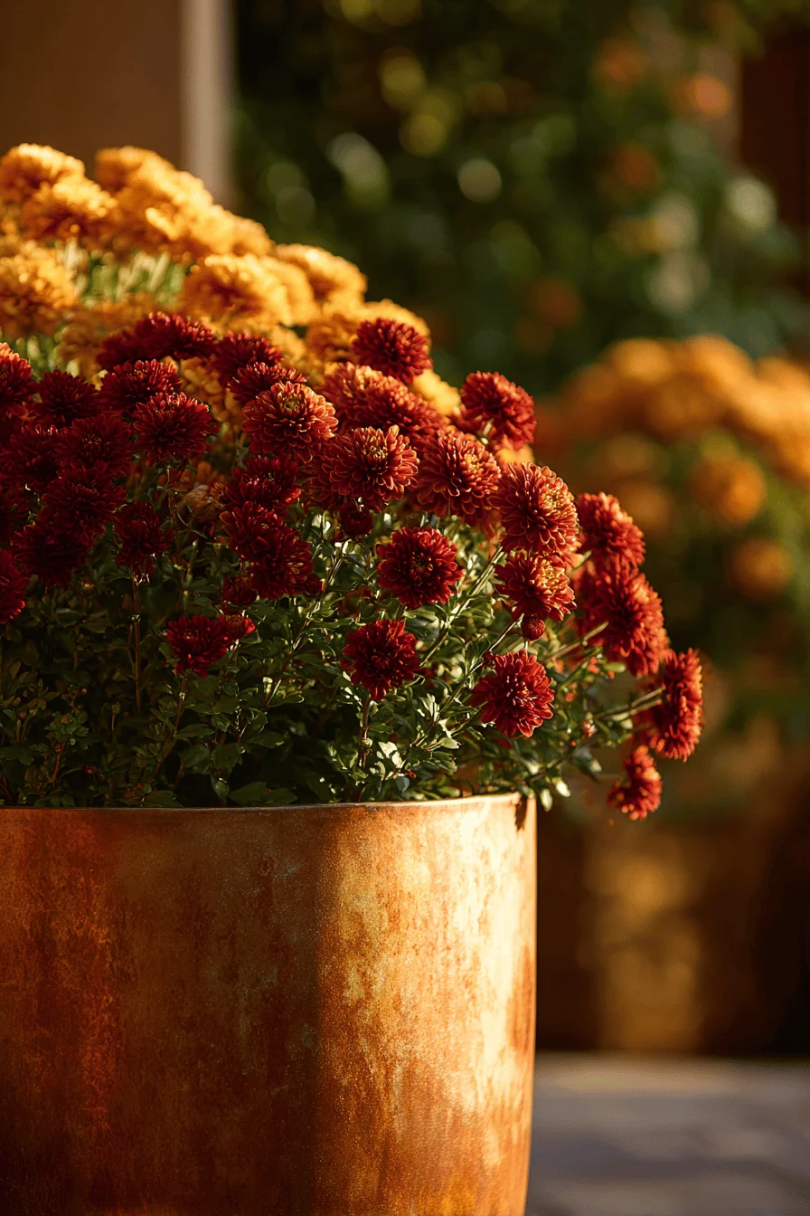 autumn garden aesthetics highlighting deep burgundy and bright golden mum blooms in premium copper containers