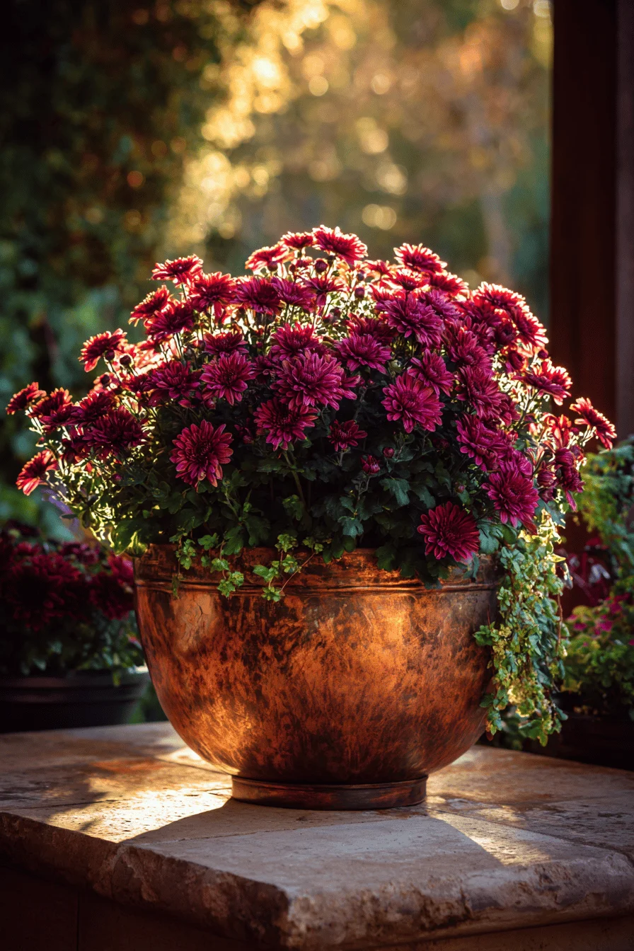 autumn garden designs showcasing dramatic mum centerpiece with warm golden hour backlighting effects