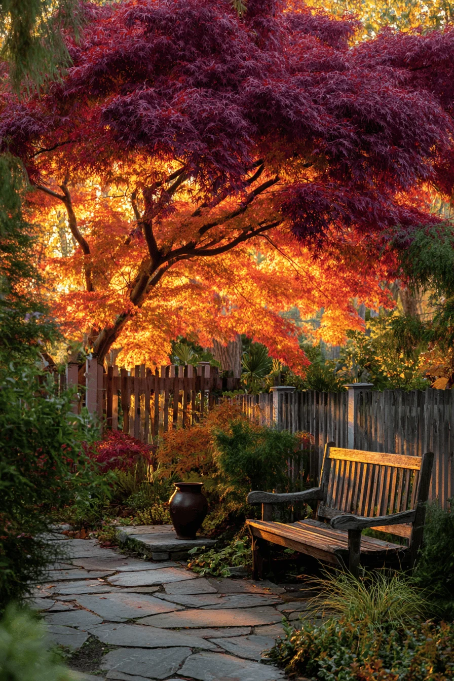 autumn garden designs with rich fall colors dramatic shadows copper accents natural stone walkway