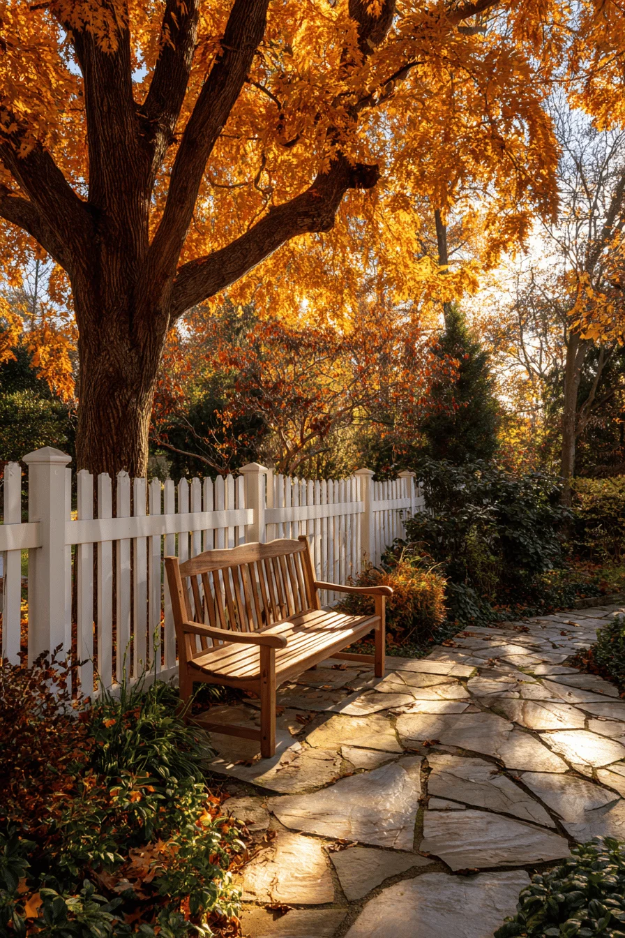 autumn garden ideas featuring burgundy foliage golden lighting white fence stone pathway teak bench