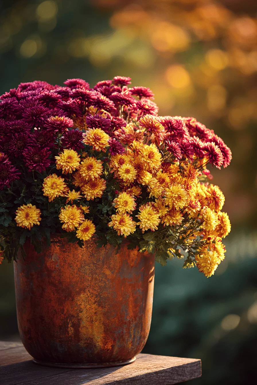 autumn garden ideas featuring layered burgundy and golden mum arrangements in weathered copper planters
