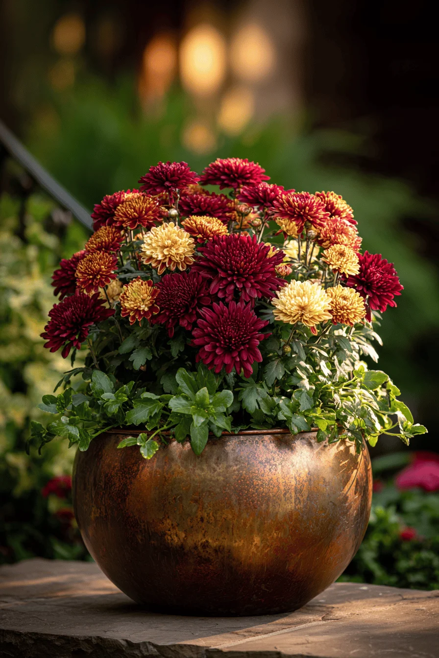 autumn garden inspiration displaying cascading mum varieties with strategic height variation and copper planters