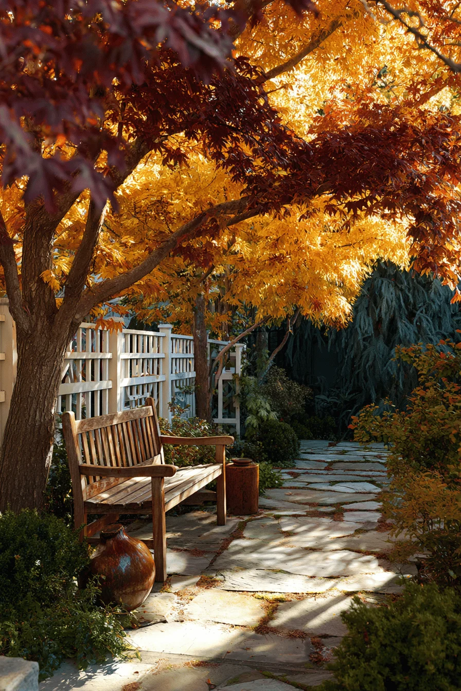 autumn garden inspiration showing vibrant maple trees weathered bench premium landscaping golden hour light