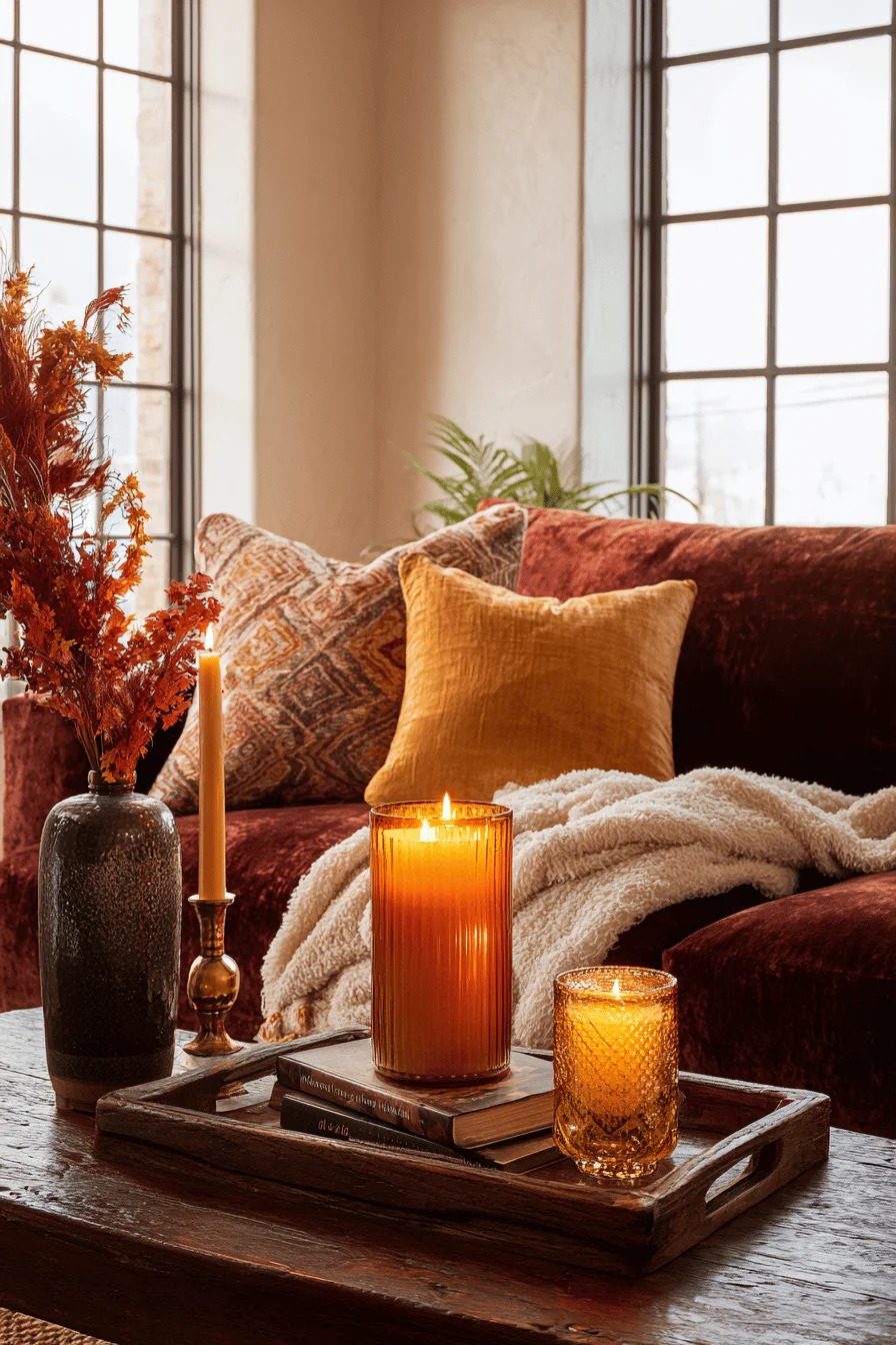autumn living room aesthetics featuring fall apartment decor with cream walls and deep burgundy velvet furniture accents