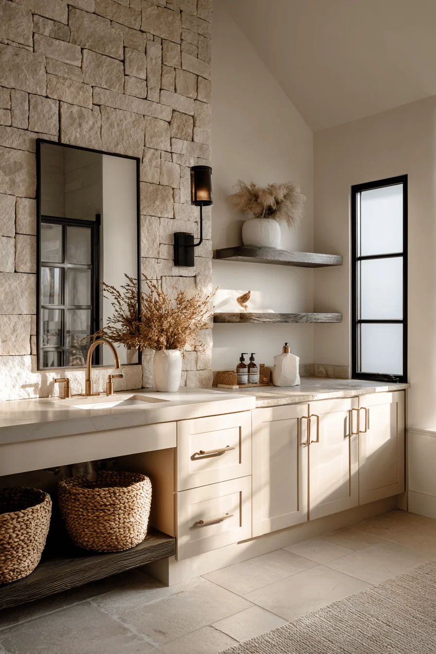 barn bathroom designs showcasing dramatic black fixtures contrasting with warm cream cabinetry and golden lighting