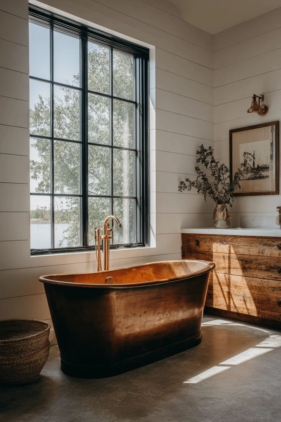 barndominium aesthetics highlighting freestanding copper tub with golden hour sunlight streaming through windows