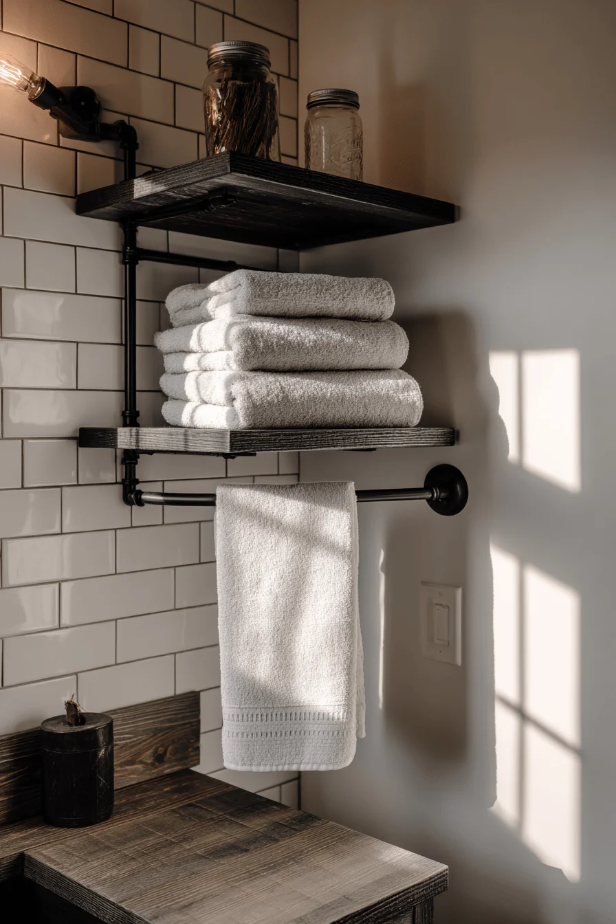 barndominium bathroom designs showcasing reclaimed barn wood vanity with matte black hardware and mason jar storage