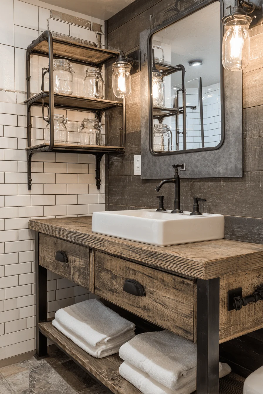 barndominium bathroom ideas featuring black wrought iron towel rack with white subway tile and charcoal wood planking
