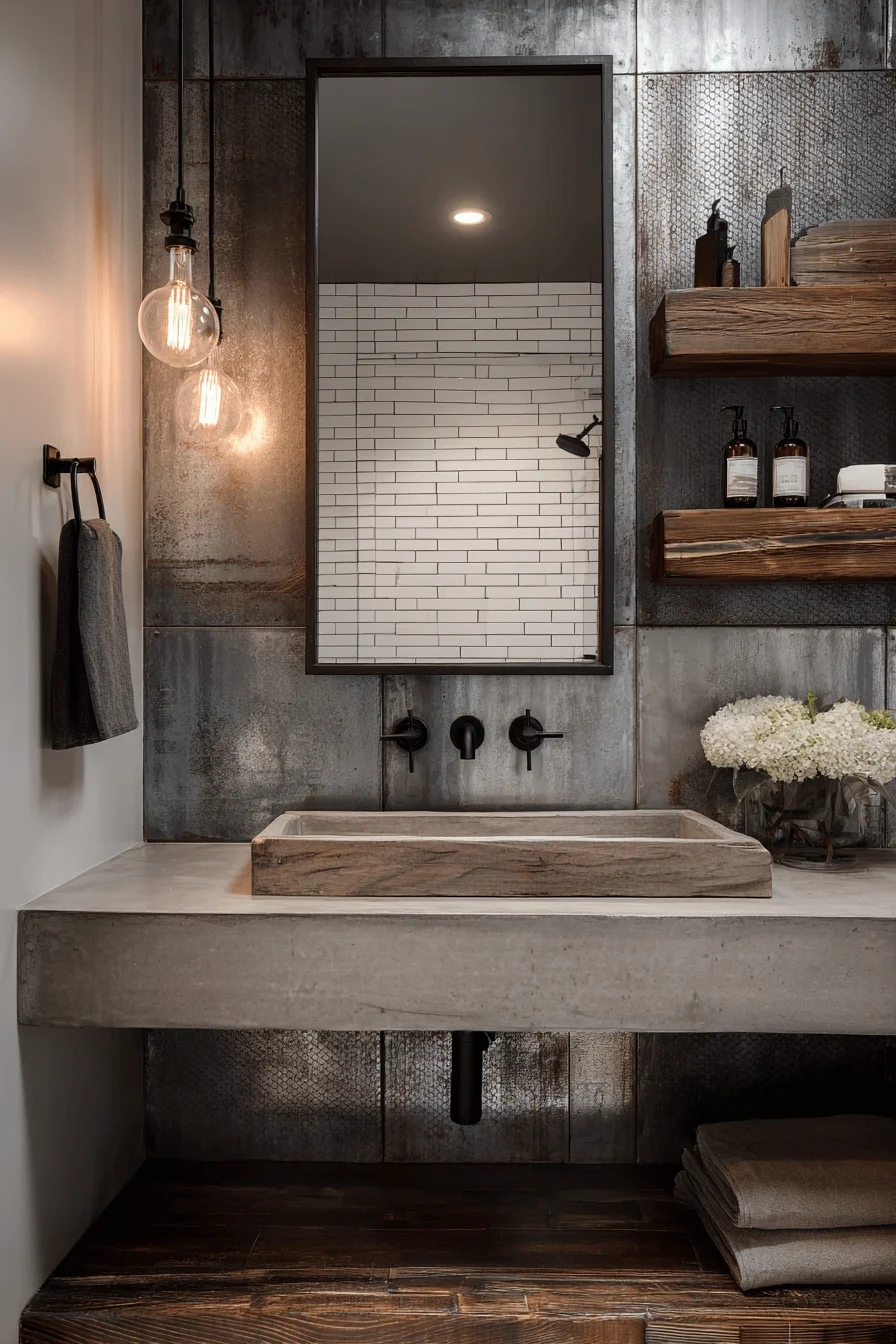barndominium bathroom ideas featuring galvanized metal vanity wall with white subway tiles and reclaimed wood shelf