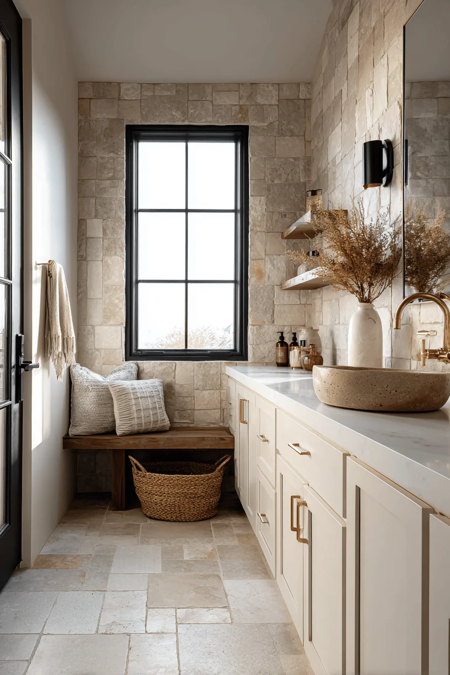 barndominium bathroom ideas featuring natural stone accent wall with reclaimed wood vanity and brass hardware
