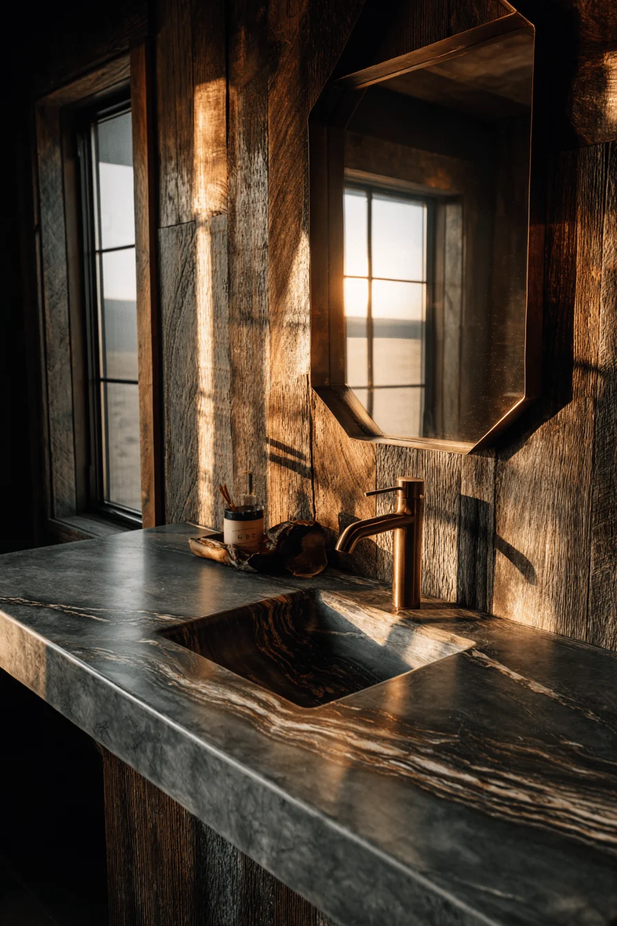 barndominium bathroom ideas featuring reclaimed wood vanity with polished concrete countertop and matte black fixtures