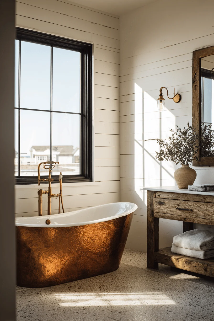 barndominium designs showcasing dramatic black window frame and white plank wall bathroom