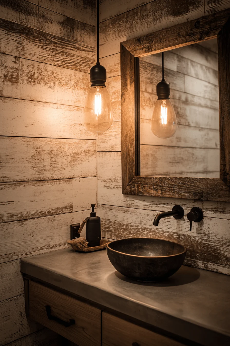 barndominium guest bathroom design with weathered shiplap walls and galvanized metal mirror frame
