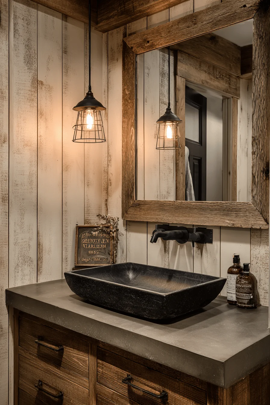 barndominium guest bathroom ideas featuring vintage edison bulb lighting over reclaimed wood vanity
