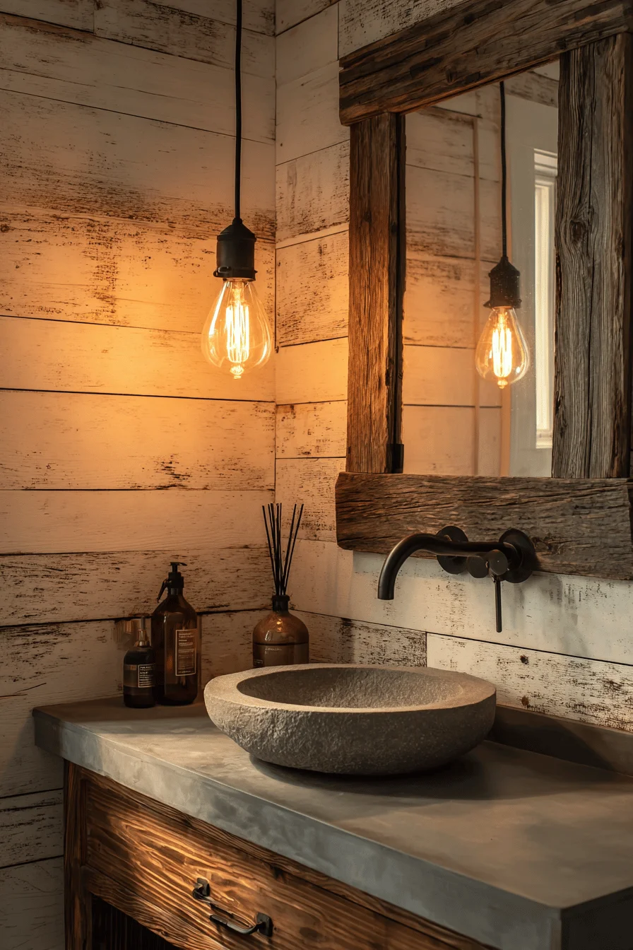 barndominium guest bathroom inspiration showcasing concrete countertop with vessel sink and industrial fixtures