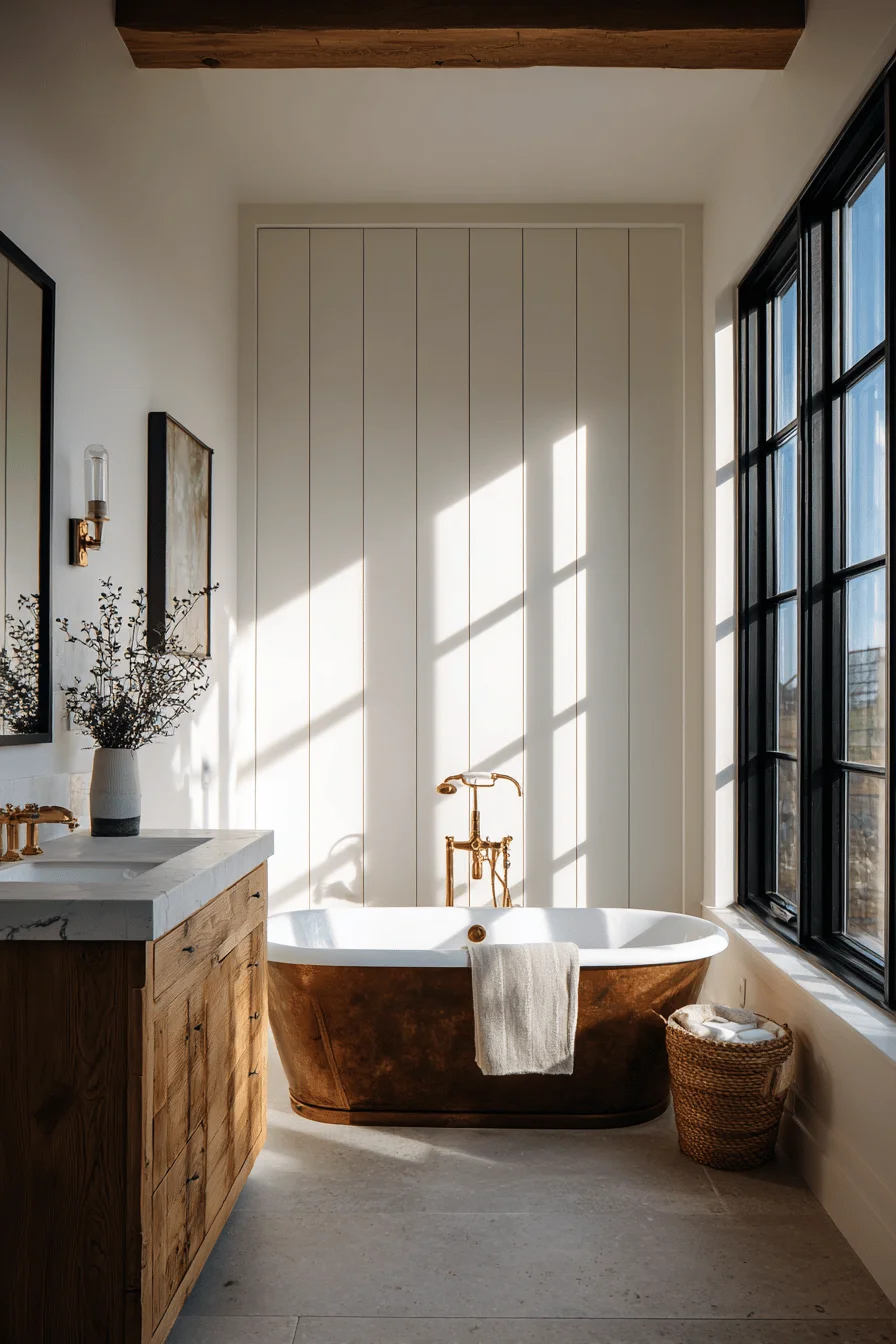 barndominium ideas featuring modern farmhouse bathroom with copper bathtub and shiplap walls