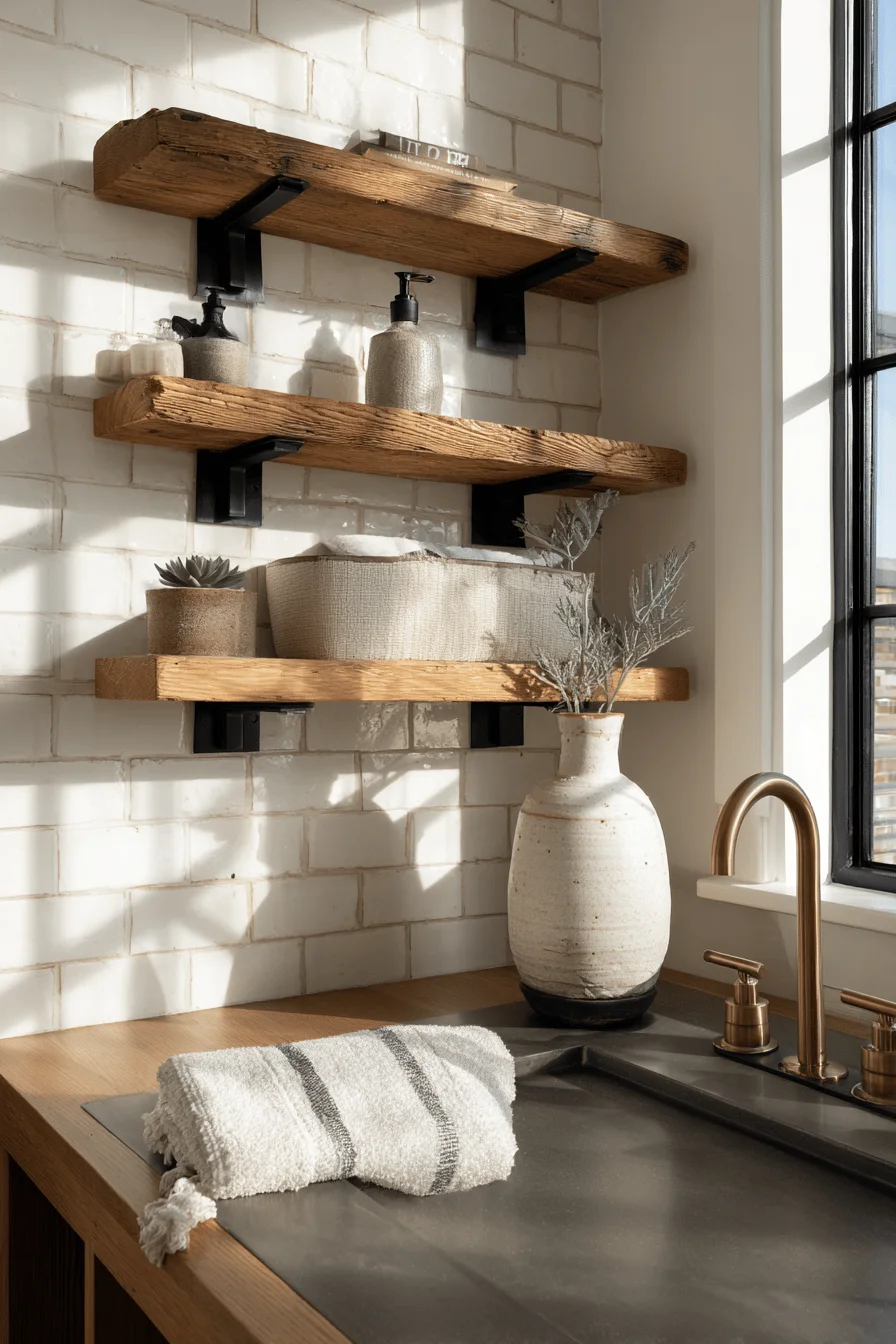 barndominium interior bathroom aesthetics displaying modern farmhouse elements with golden hour lighting and succulent plant