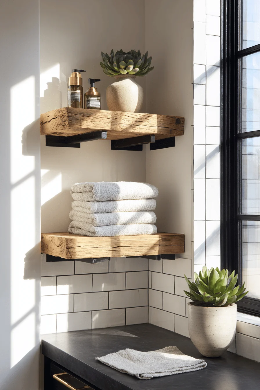 barndominium interior bathroom design showing reclaimed wood shelving against white subway tile with concrete countertops