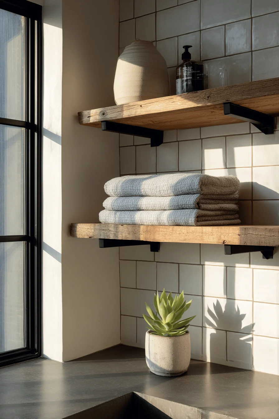 barndominium interior bathroom ideas featuring floating wood shelves with matte black brackets and brass fixtures