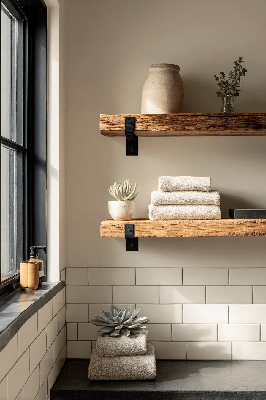 barndominium interior bathroom inspiration with ceramic vessels on floating wood shelves and steel framed window