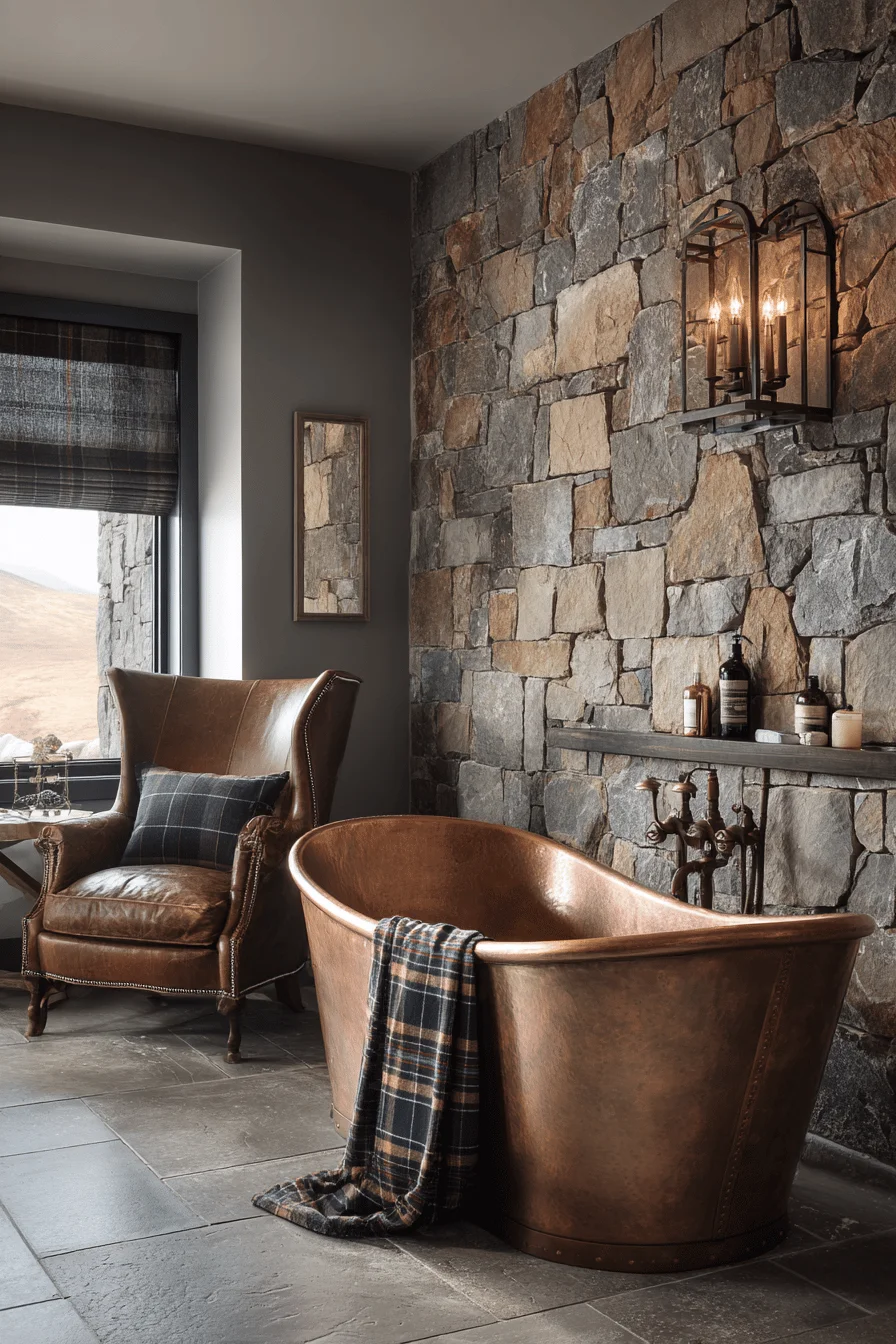 bathroom mountain ideas featuring scottish highlands style with freestanding copper tub and dramatic stone accent wall