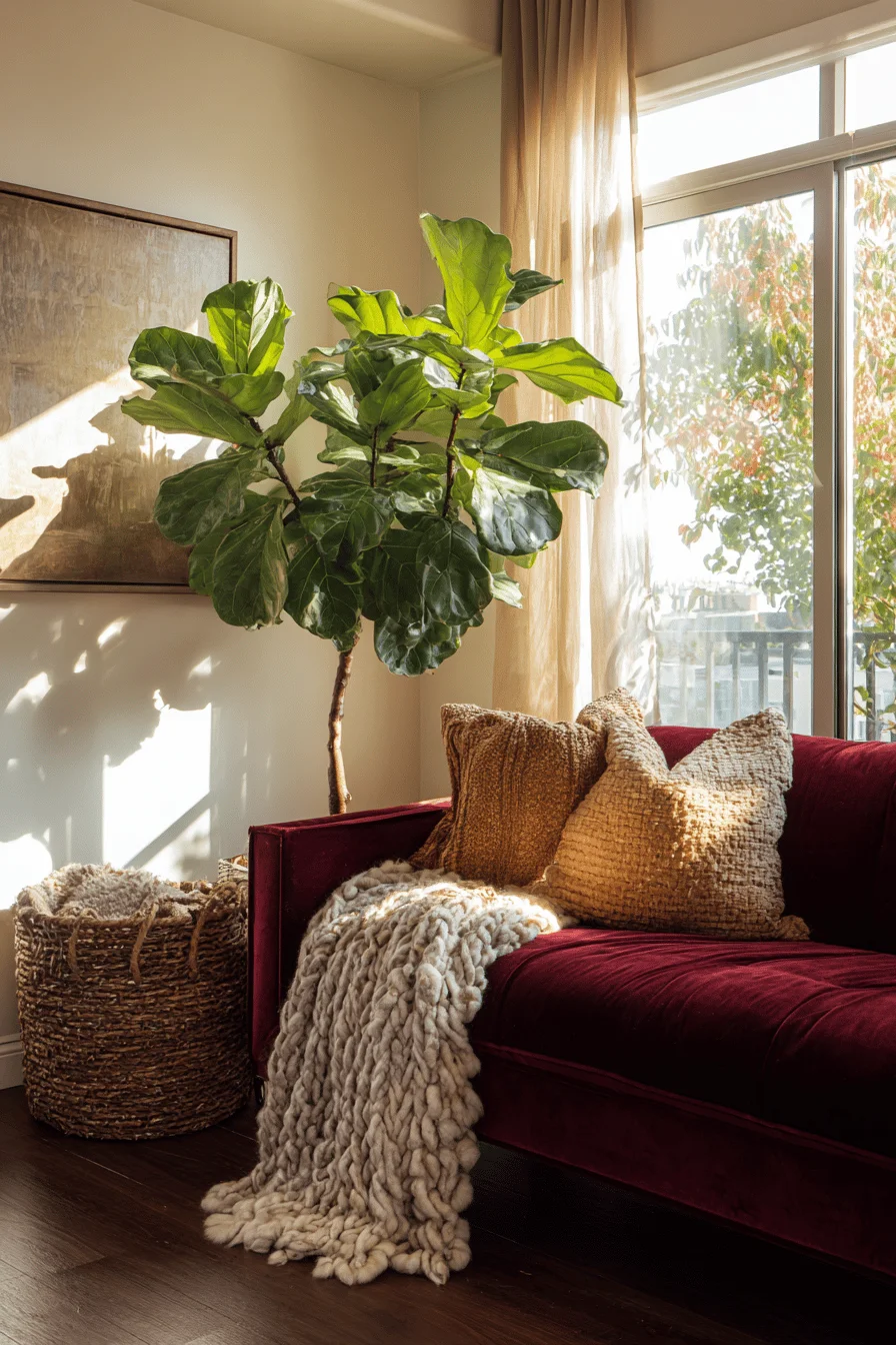 fall apartment aesthetic ideas featuring burgundy velvet sofa with autumn throw blankets and golden sunlight