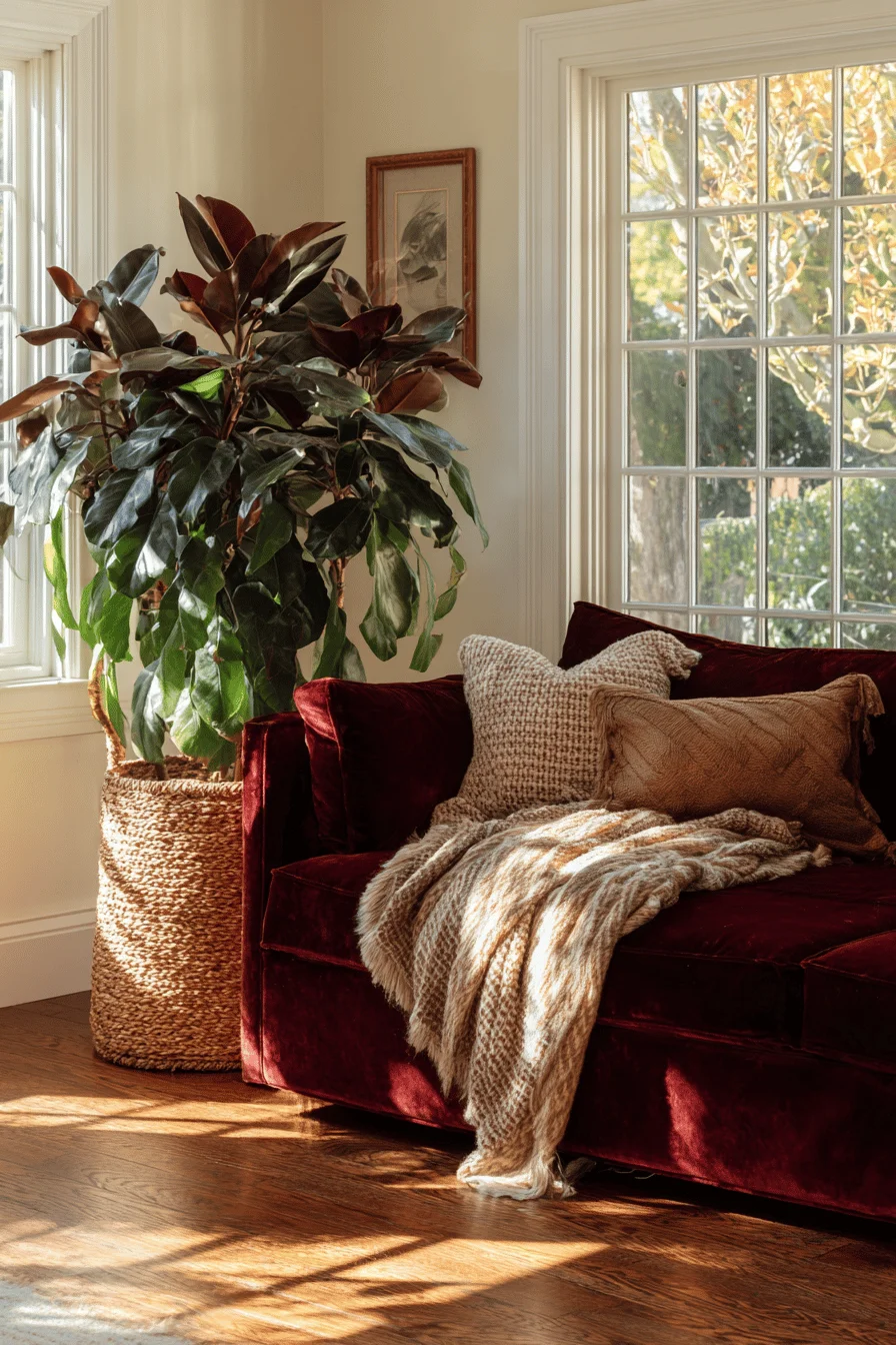 fall apartment aesthetic inspiration with textured throws against cream walls and woven basket plant