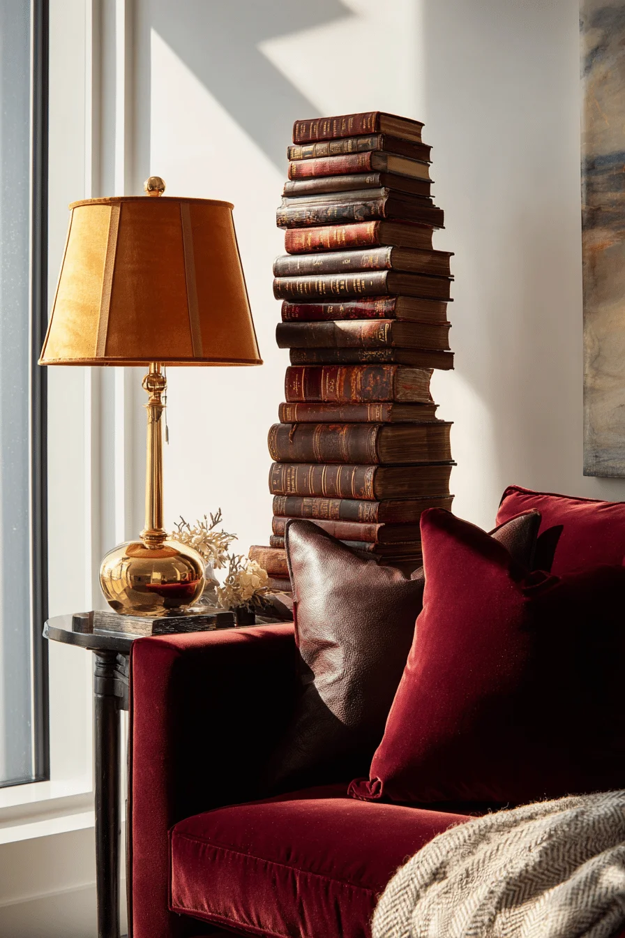 fall apartment decor aesthetics showcasing seasonal styling with rich burgundy sofa and golden hour ambiance