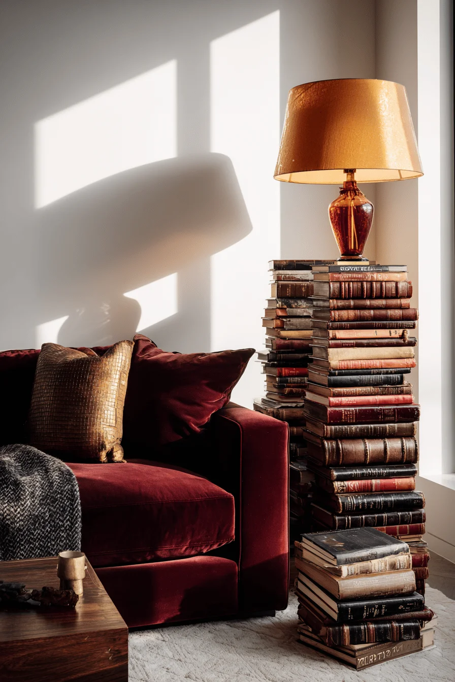 fall apartment decor ideas featuring burgundy velvet sofa with book stack centerpiece and golden lighting