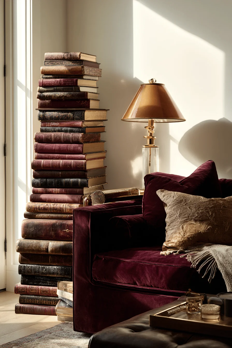 fall apartment decor inspiration displaying warm textures books and dramatic window lighting in living space