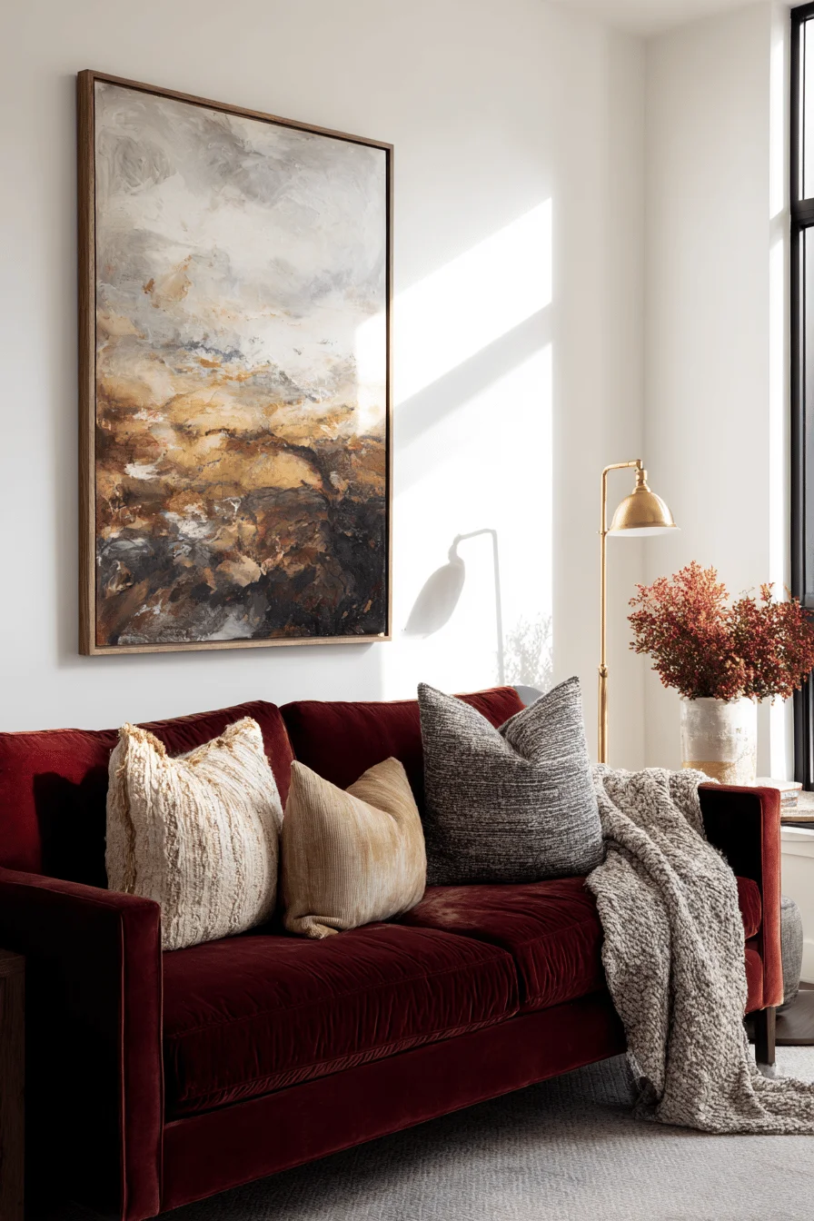 fall apartment ideas featuring luxury living room with burgundy velvet sofa and abstract wall art