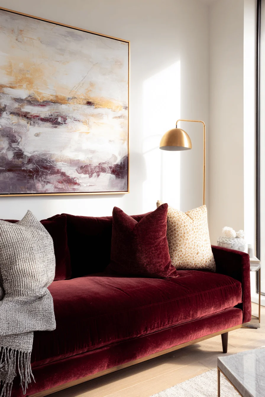 fall apartment inspiration displaying small living room decor with walnut frame and golden lighting