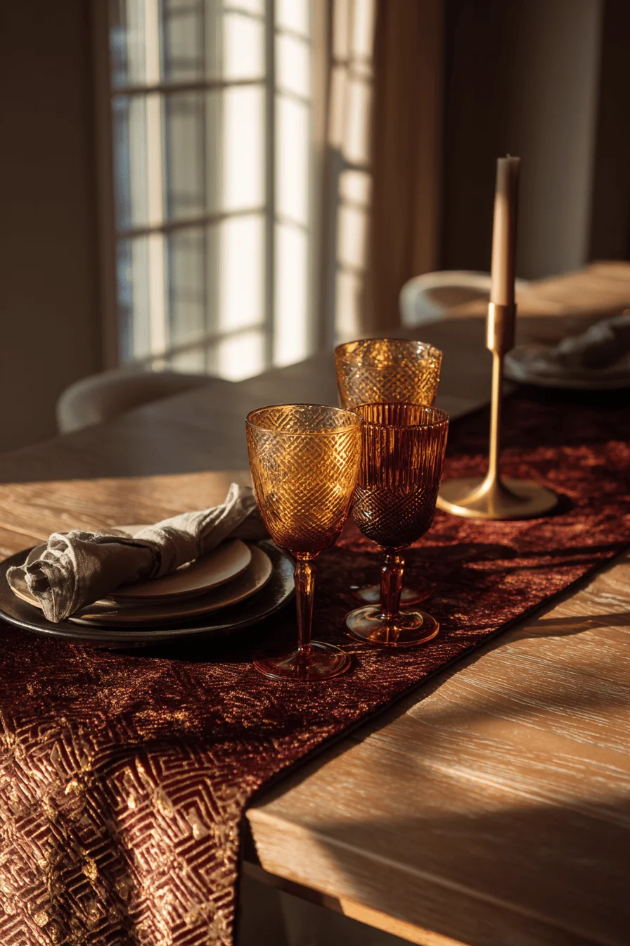 fall balcony decor apartment designs showing luxurious velvet table runner with geometric patterns and amber glassware