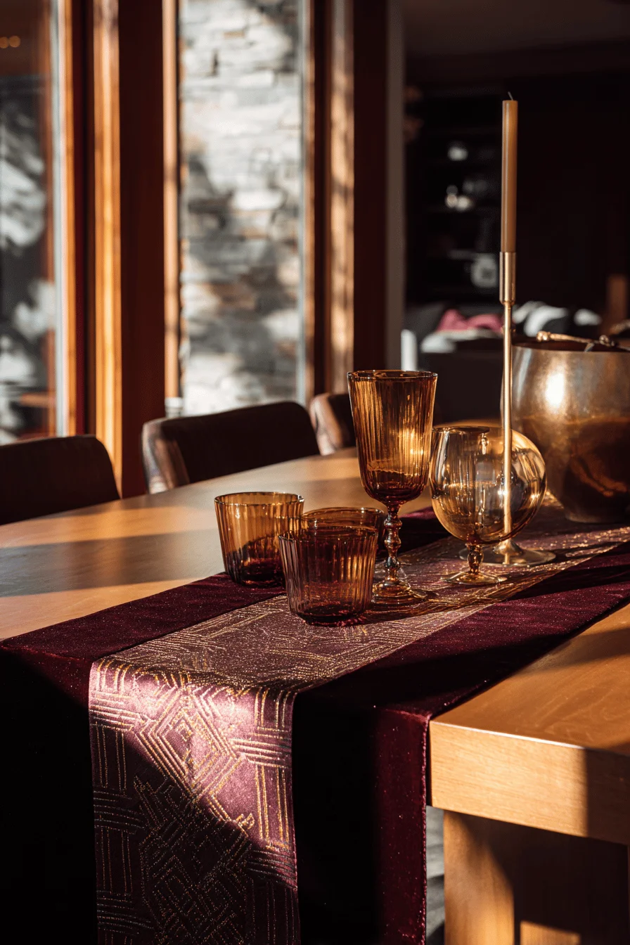 fall balcony decor apartment ideas featuring elegant table runner with burgundy fabric and golden lighting