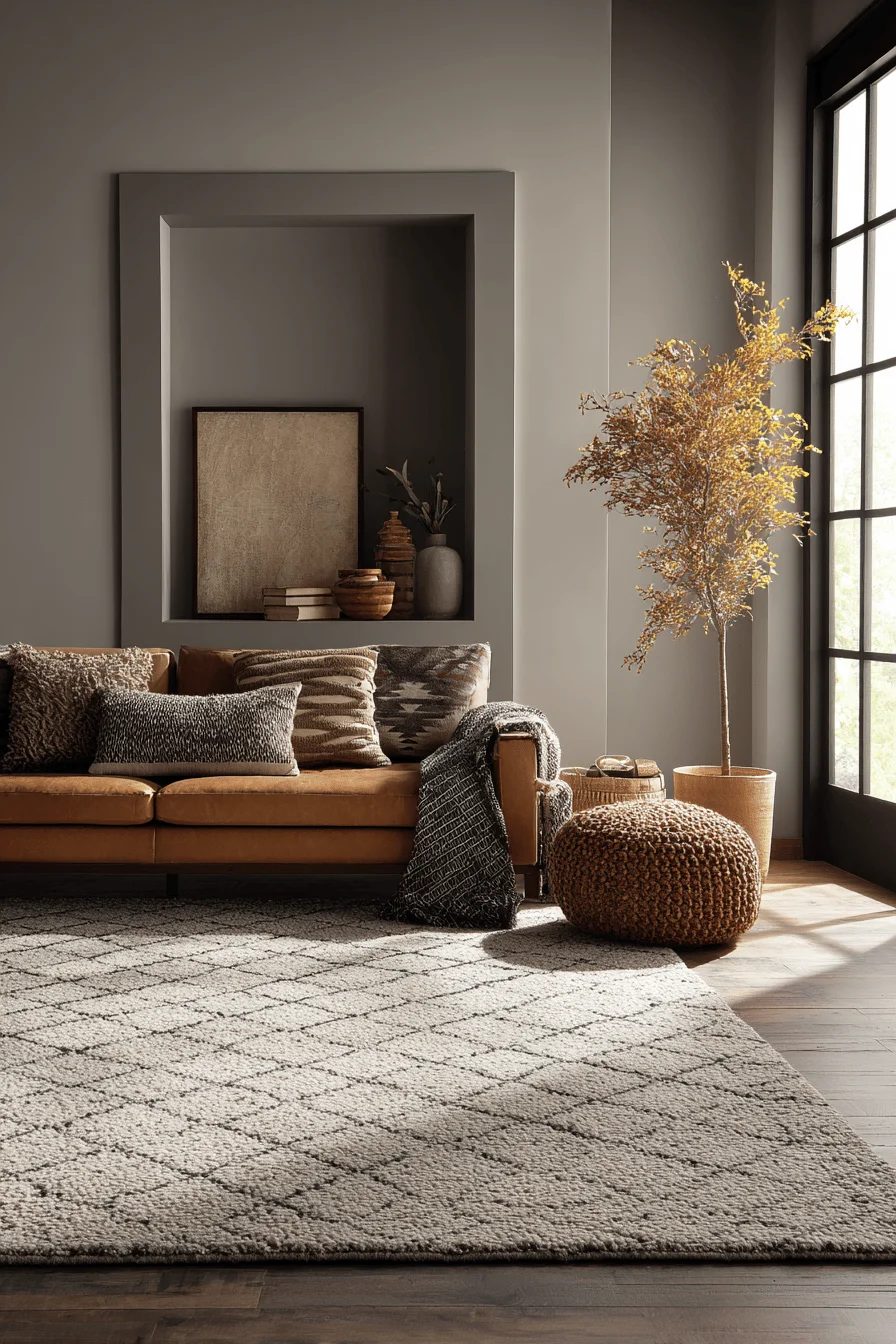 fall decor apartment aesthetics displaying oversized area rug warm lighting geometric patterns