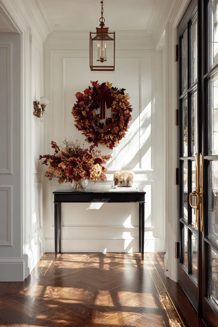 fall entryway decor aesthetics highlighting cozy autumn hallway with glass door and warm shadows