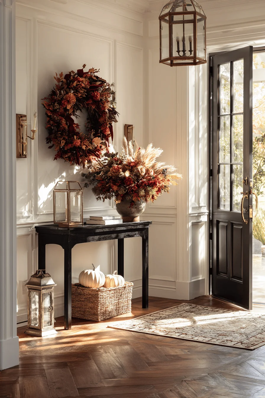fall entryway decor designs showcasing dramatic hallway with brass lantern and mahogany wood floors