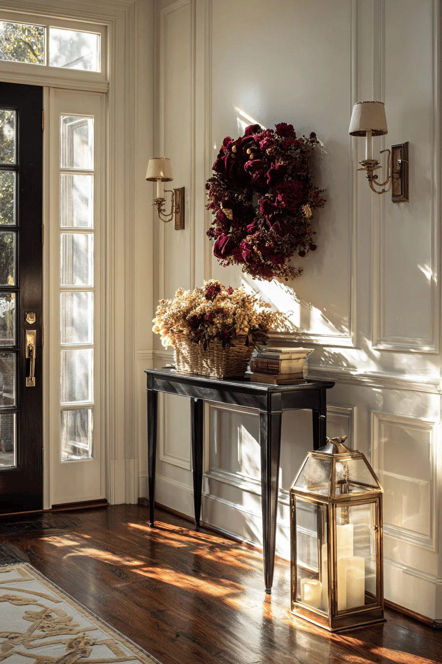fall entryway decor ideas featuring oversized autumn wreath with burgundy ribbon and black console table