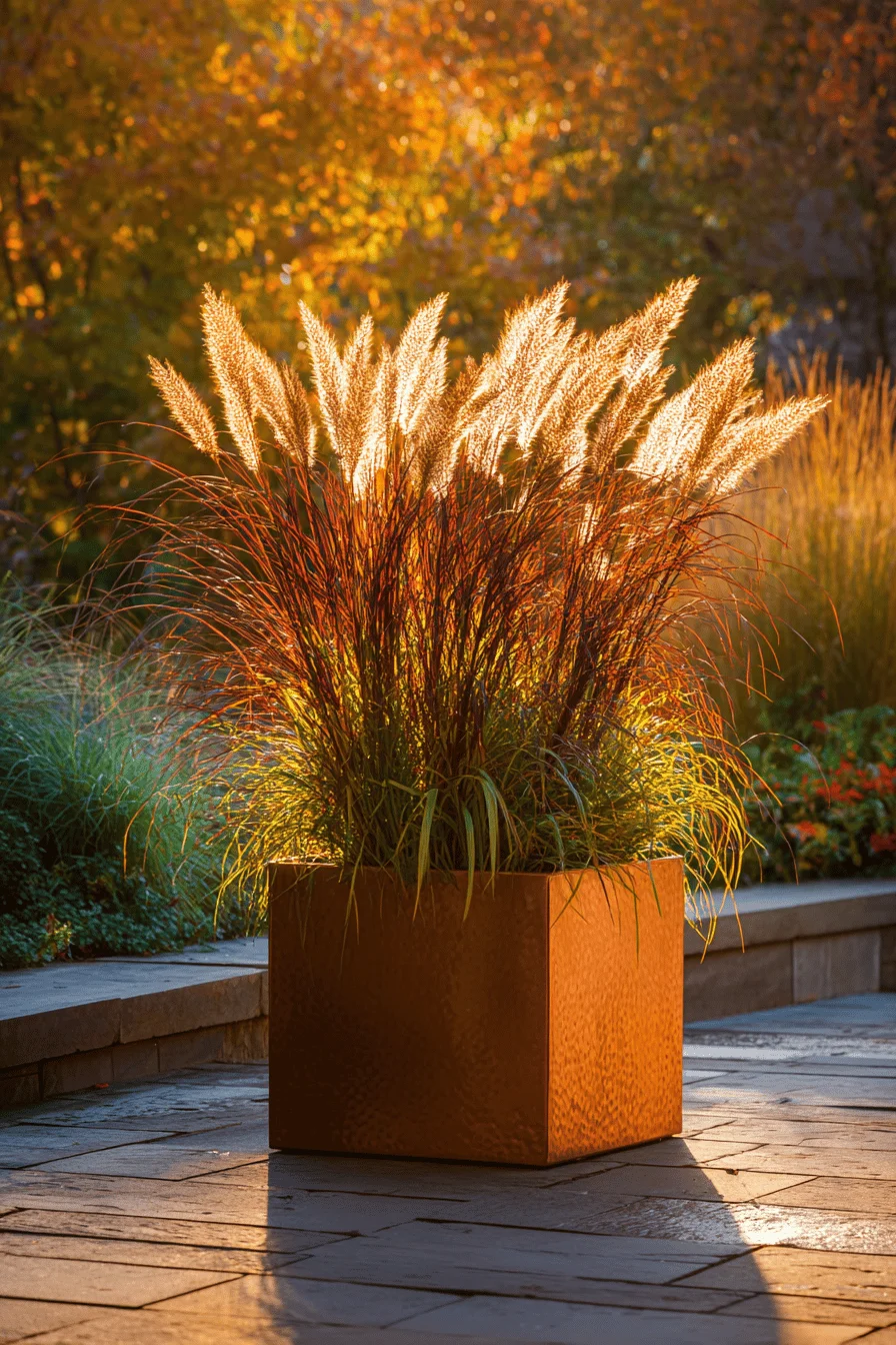 fall flowers garden designs showcasing dramatic grass focal points with copper planters and stone pathways