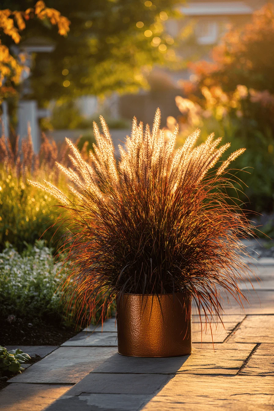 fall flowers garden ideas featuring ornamental grass with burgundy foliage and golden autumn lighting