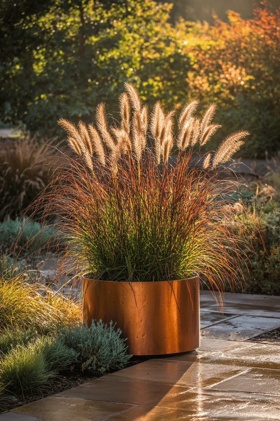 fall flowers garden inspiration displaying autumn ornamental grass with dewdrops and warm amber lighting