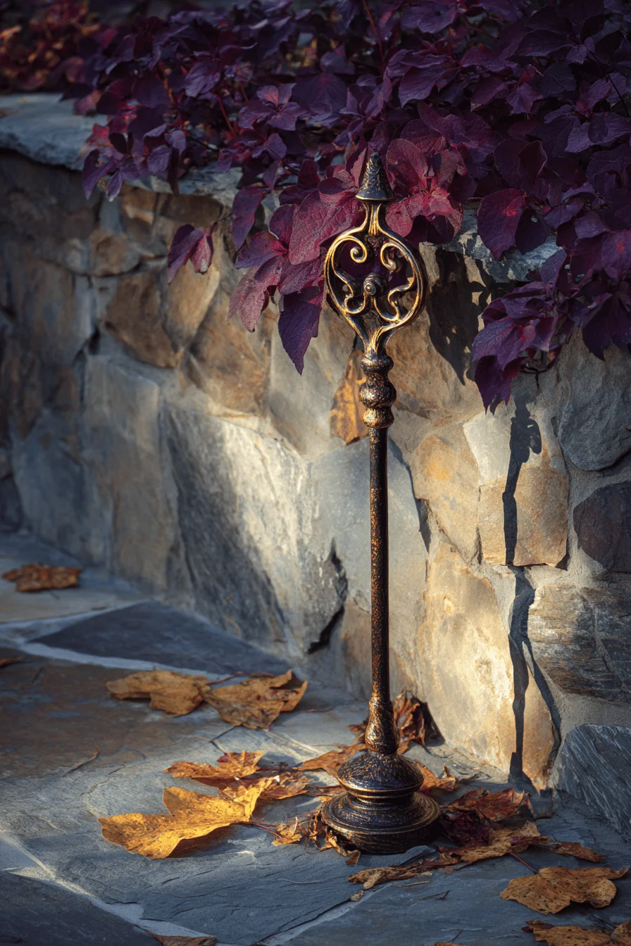 fall garden aesthetic designs showing ornate metallic bronze stake against weathered stone pathway with amber leaves