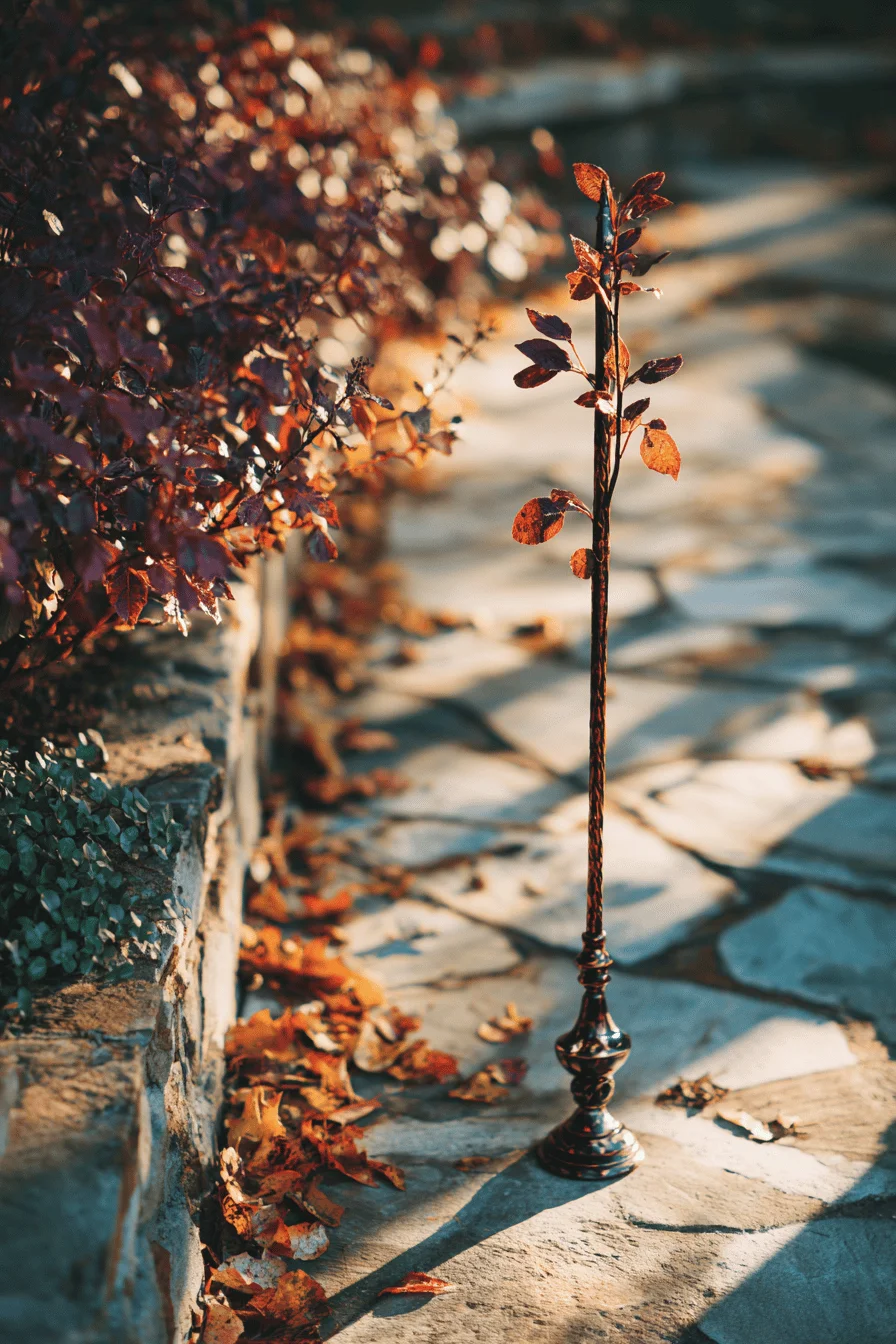 fall garden aesthetic featuring patinated bronze garden stake creating dramatic shadows on textured stone walkway