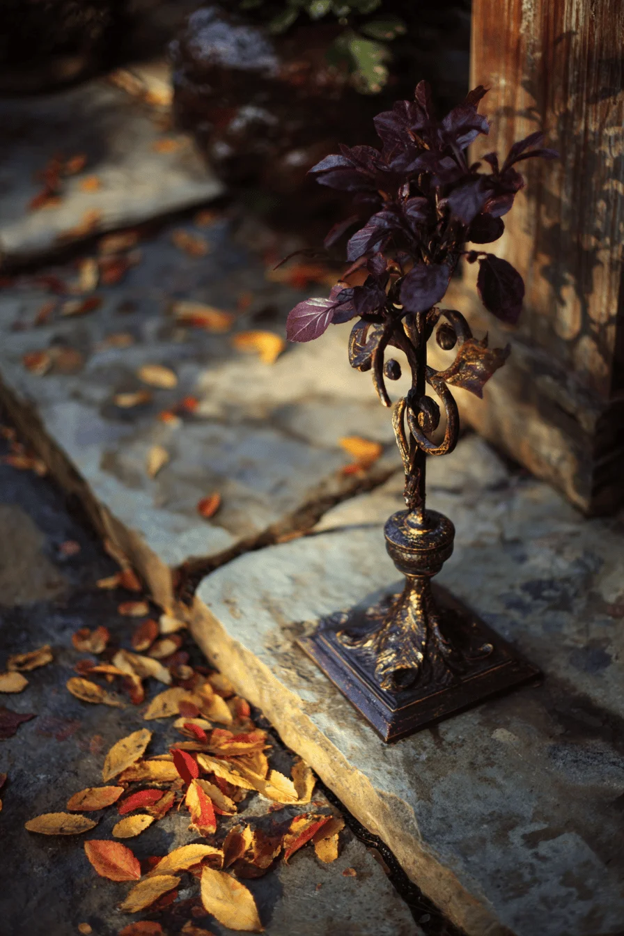 fall garden aesthetic inspiration with hand forged bronze sculpture surrounded by deep burgundy autumn foliage