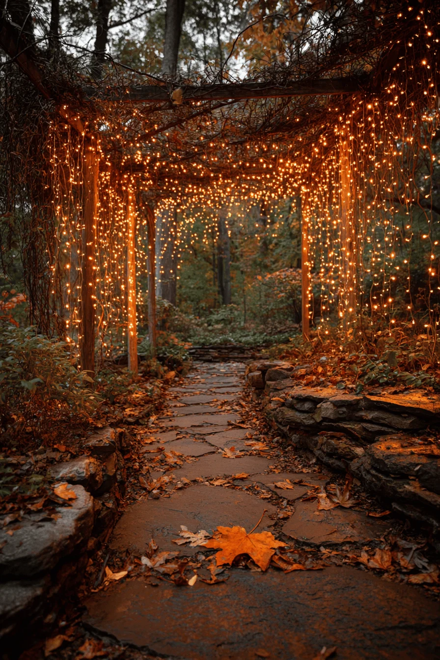 fall garden aesthetics displaying evening string light canopy against dark sky with weathered stone walkway