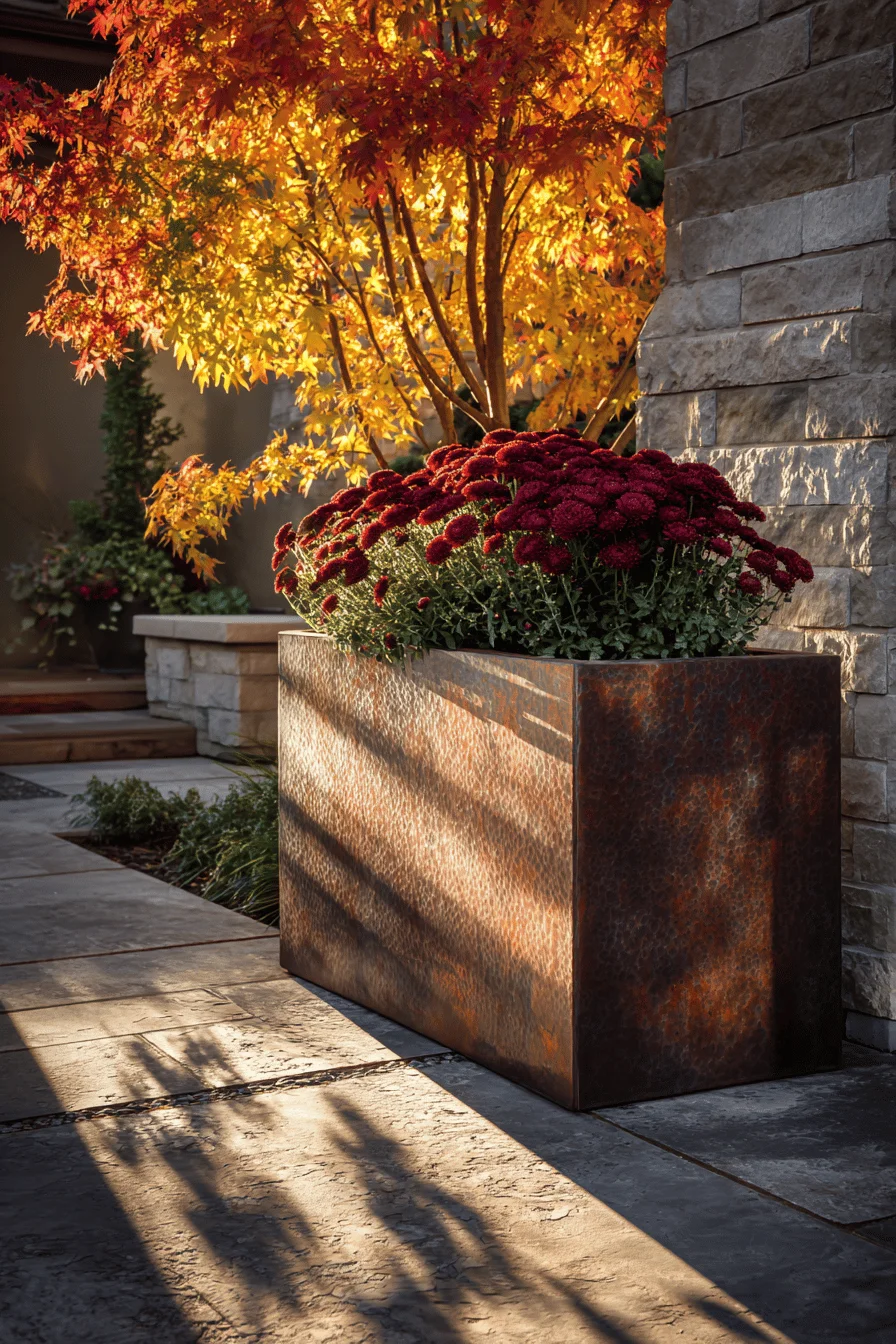 fall garden aesthetics featuring premium copper vessel with rich burgundy blooms and maple leaves